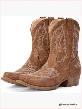 Faux Leather Ankle Cowboy Boots Snip Toe Chunky Heel Western Booties